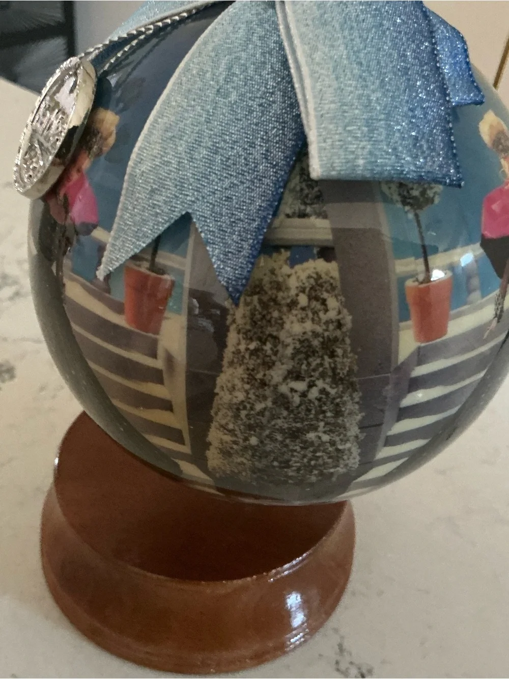 Vintage 1998 Barbie holiday Christmas decoupage ornament 4” globe wooden stand
